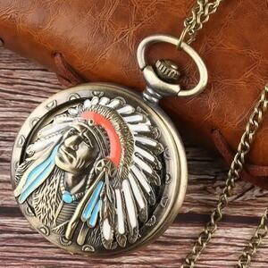 Native American Indian Pocket Watch Chief Headdress Turquoise Christmas Gift